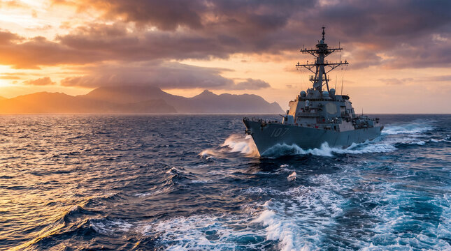 A United States Navy guided missile destroyer sailing across the ocean during a dramatic sunset.