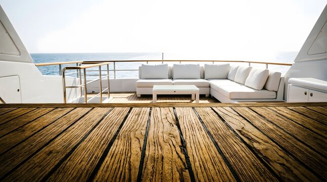 Teak deck on luxury yacht with outdoor lounge seating and ocean view