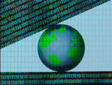 Digital globe surrounded by binary code representing global data