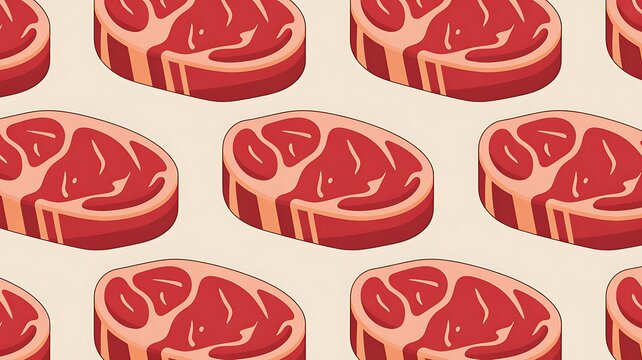 Seamless raw beef steak pattern, flat 2D illustration, fresh red beef cuts and ribeye steaks arranged evenly