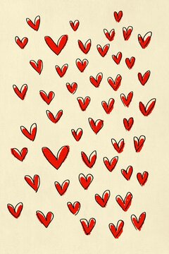 Red doodle hearts form a romantic pattern on a light background