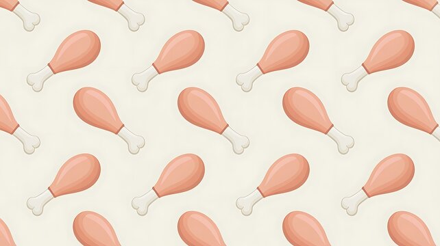 Seamless raw chicken drumstick pattern, flat 2D illustration, fresh chicken legs and wings arranged evenly