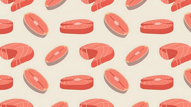 Seamless raw salmon pattern, flat 2D illustration, fresh pink salmon fillets and slices arranged evenly