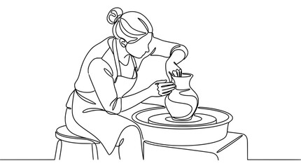Continuous line drawing of a woman shaping a clay vase on a pottery wheel © Chadni