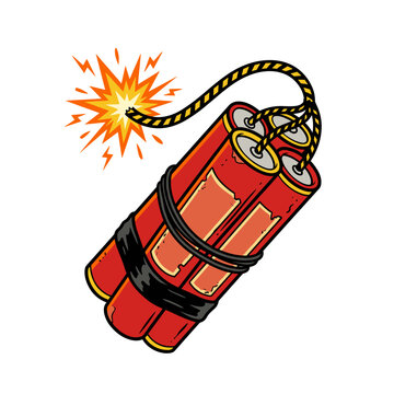 Cartoon dynamite sticks with burning fuse isolated on white background for design projects