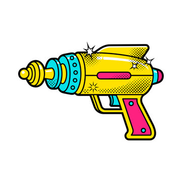 Retro ray gun toy design in pop art style with yellow body and pink handle detail feature