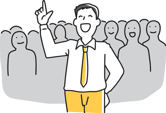 大勢の人に囲まれながら笑顔で話す会社員
