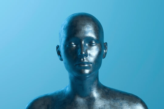 Metallic humanoid mannequin reveals an expression on blue background