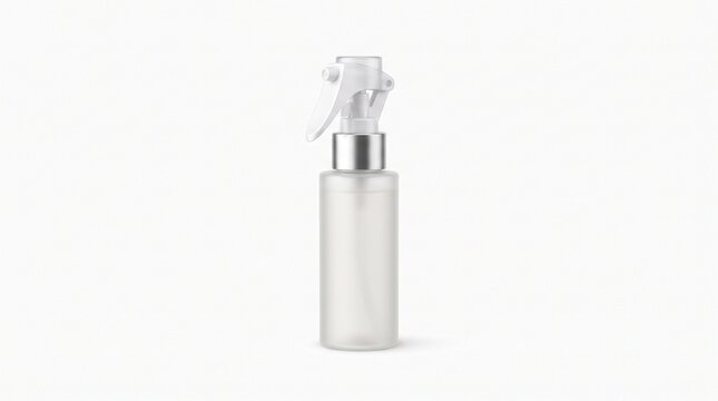 Frosted spray bottle with silver mist sprayer pump isolated on white background, a versatile graphic element for cosmetic, cleaning, and personal care product designs