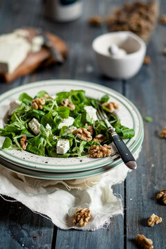 Dish of lamb's lettuce, Valerianella locusta, with walnuts and feta