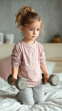 A young girl with a messy bun kneels on a bed holding small dumbbells against a blurred background.
