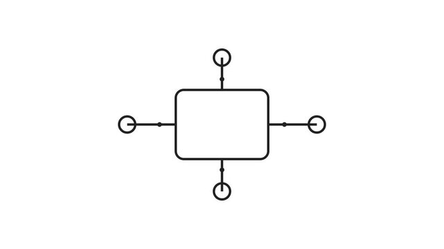 Minimalist digital network node animation featuring a central rectangular hub connected to four radiating circular points for technical system presentation