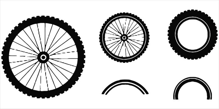Collection of bicycle wheel including full wheels with spokes and tire treads, isolated on a white background, black
