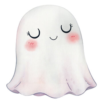 Cute watercolor illustration of a sleeping ghost with closed eyes isolated