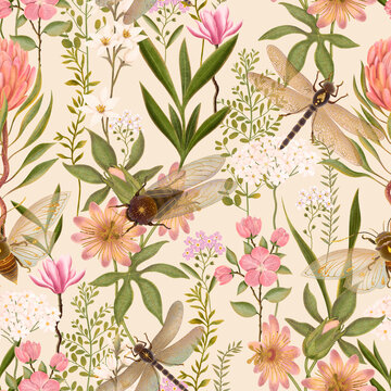 Soft romantic seamless botanical pattern featuring meadow wildflowers, green leaves, flying dragonflies, and cicadas on a light beige background.