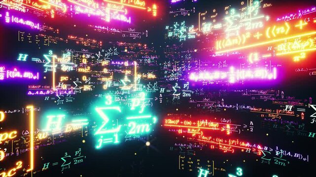 Neon Mathematical Formulas and Digital Data Stream with Glowing Equations for Science and Technology