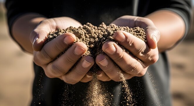 Hands pouring dry soil from palms outdoors with close up of person hands