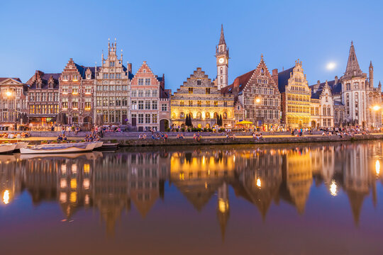 Belgium, Ghent, old town, Graslei, historical houses at River Leie at dusk