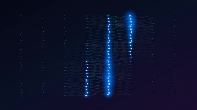 Dynamic Digital Grid Animation With Glowing Blue Lights Moving Across Dark Background, Representing Data Flow And Network Activity