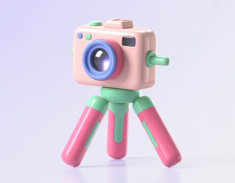 Colorful toy camera on a mini tripod with green and pink legs isolated on white background