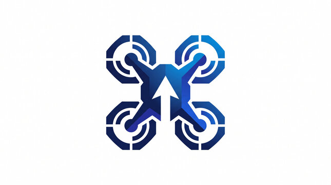 Blue gradient quadcopter drone vector logo featuring an upward growth arrow at its center, representing aerial delivery, fast transport, drone tech, and navigation.