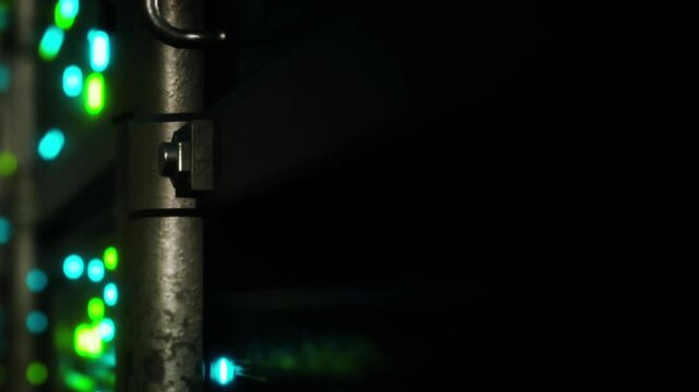 Bright lights on a server rack indicate ongoing network activity in a data center. The scene showcases a close view of technology in action at night, showing how data is processed.