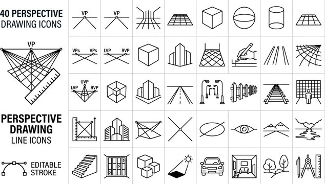 40 Perspective Drawing Icons Set Featuring Vanishing Points One Point Two Point Three Point Perspective Buildings Shapes Objects