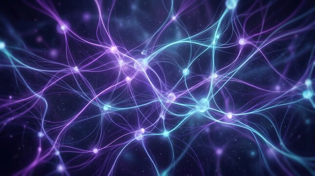 Abstract neural network with glowing purple and blue nodes and connections, representing artificial intelligence, deep learning, brain synapses, futuristic technology