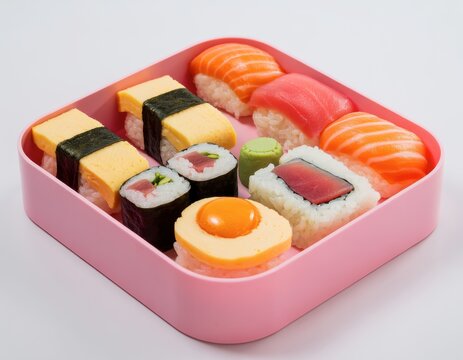 Colorful japanese bento box with assorted sushi rolls, snacks, and dessert in pink container isolated on white background