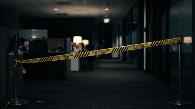 Restricted area caution tape across a dark office hallway