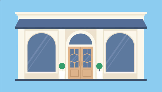 Elegant storefront building facade with arched windows and a classic blue awning is presented in a flat vector design for commercial retail use.
