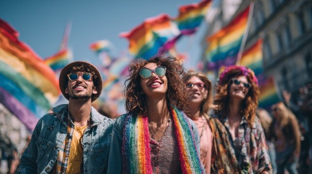Happy people celebrate at a pride event with rainbow flags in the background.