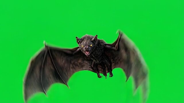 Scary realistic dark vampire bat flying forward isolated on bright green screen background
