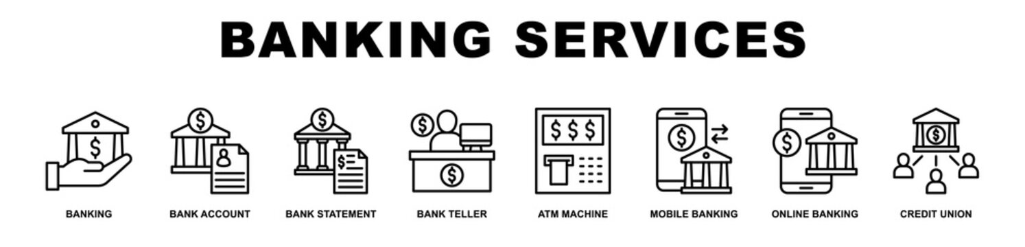Banking Services banner web icons set vector illustration outline style.