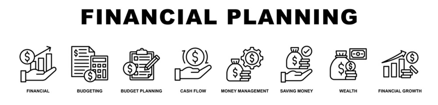 Financial Planning banner web icons set vector illustration outline style.