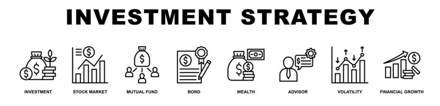 Investment Strategy banner web icons set vector illustration outline style.
