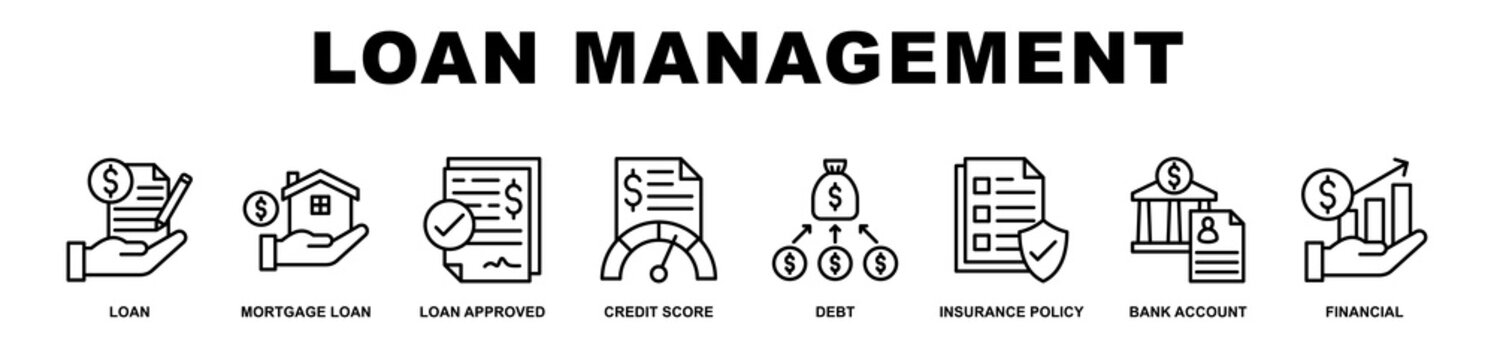 Loan Management banner web icons set vector illustration outline style.