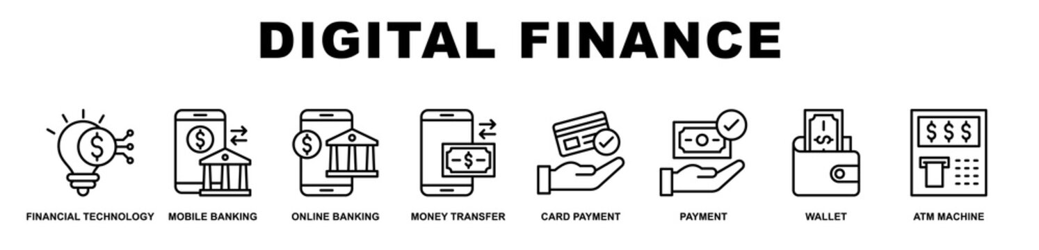 Digital Finance banner web icons set vector illustration outline style.