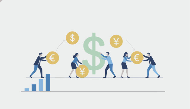 Business professionals working together to move and exchange global currency coins like dollars and euros near a bar chart on a clean surface.