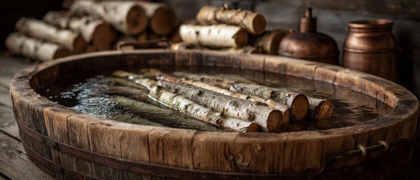 Birch branches float in a wooden tub filled with water, set against a rustic background with stacked logs and copper vessels.