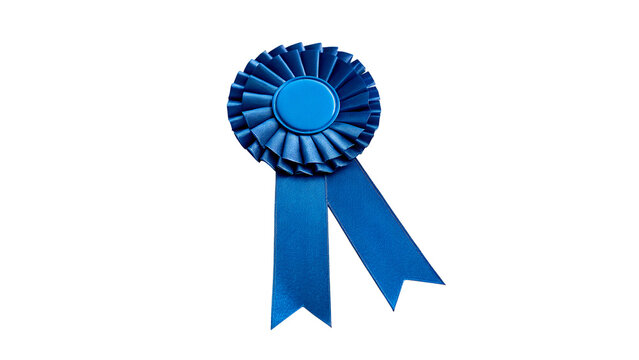 Blue satin award ribbon rosette first place prize isolated on a white background