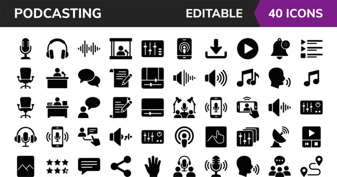 Podcasting Icons Set of 40 Editable Black and White Symbols for Microphone Recording Audio Streaming Social Media Content Creation