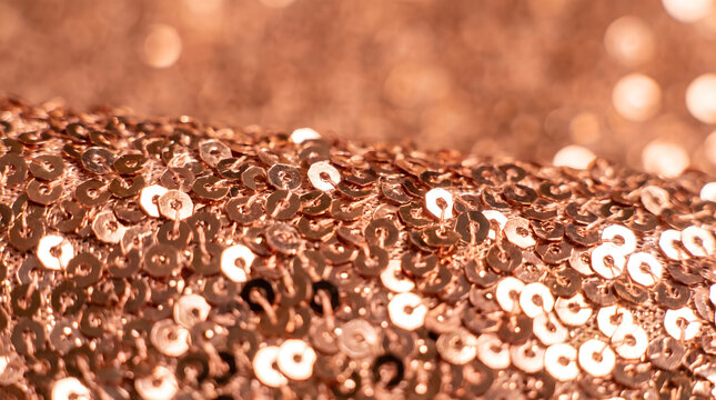 Extreme macro photography of luxury rose gold sequin fabric texture with sparkling reflective surface