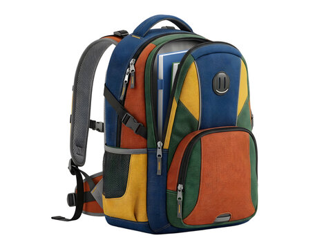 Colorful patterned student backpack with laptop compartment isolated on white background