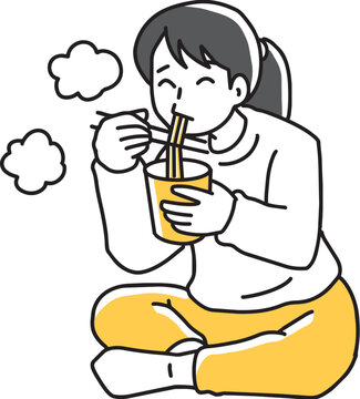 胡坐を組んでカップラーメンを食べる女性