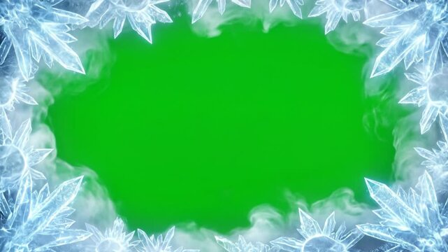 Freezing ice crystal frost border frame with cold winter fog and smoke isolated on green screen background
