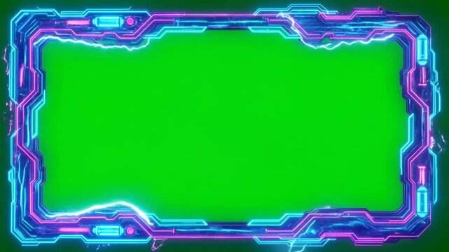 Futuristic sci-fi neon glowing blue and purple technology frame border isolated on green screen background
