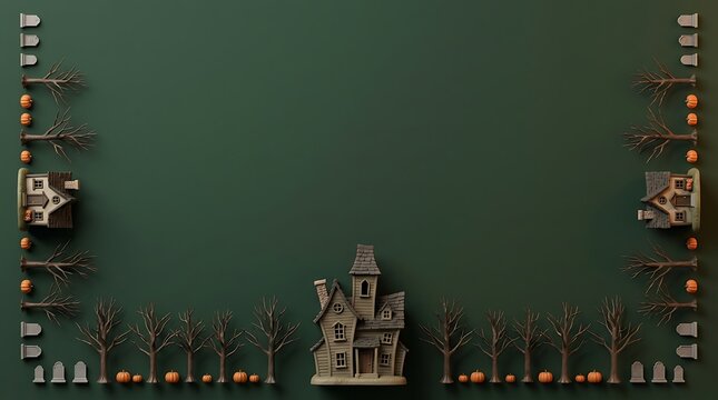 Halloween haunted house border with miniature trees, pumpkins, and tombstones on dark green