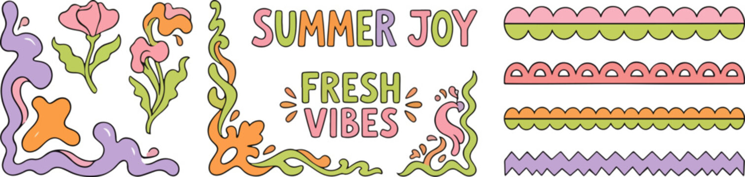 cute summer doodle lettering with organic floral ornaments decorative dividers and playful handdrawn elements vector collection