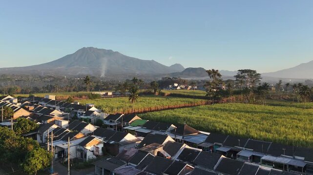 Aerial View of Residential Houses and Sugarcane Fields with Mountain Backdrop at Morning